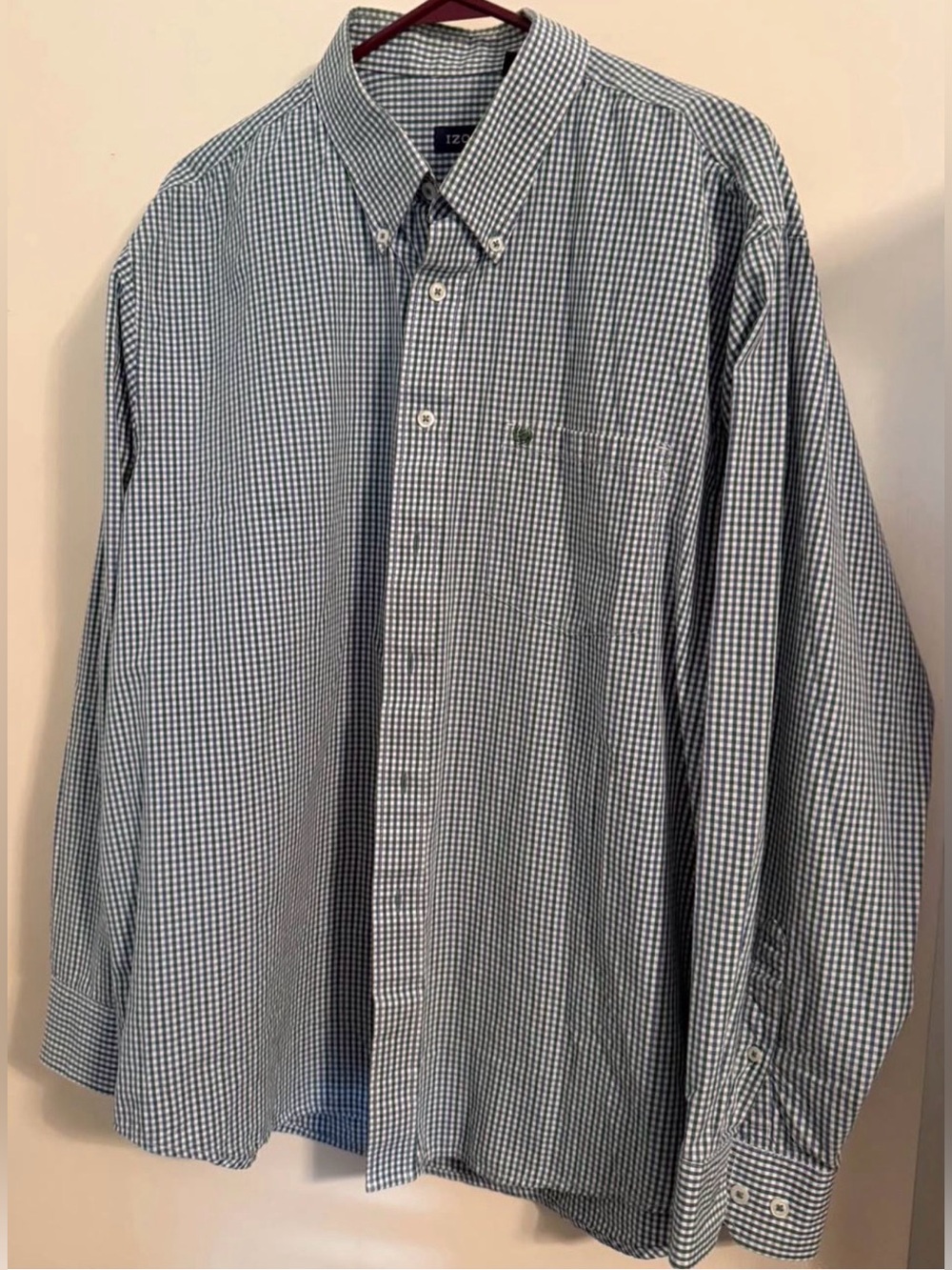 Izod Green and White Micro-Gingham Button-Down Dress Shirt